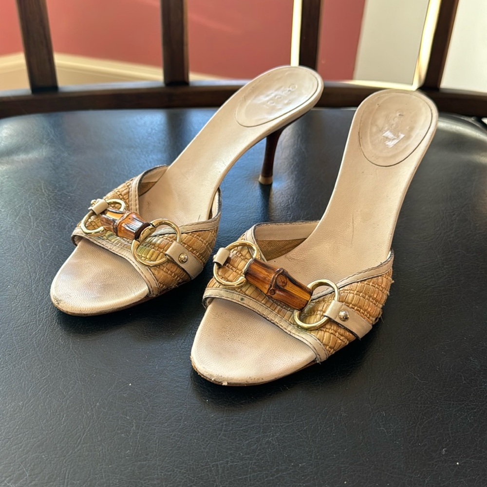 Gucci Brown/Beige Raffia and Leather Bamboo Horsebit Slide Sandals - Picture 3 of 6
